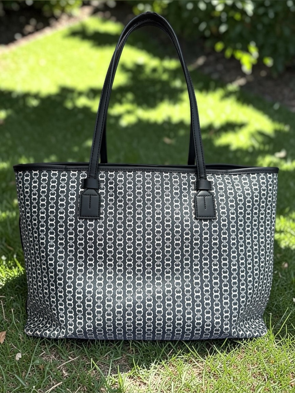 Tory Burch Black and White Logo Stripe Canvas Tote with Center Webbing - Picture 2 of 16